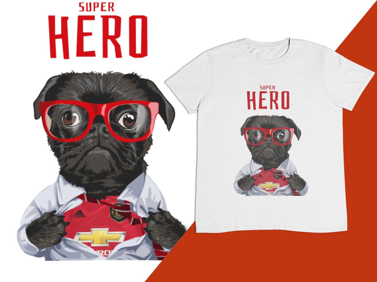 7 : Superhero Football Dog T-Shirt - Pick your own team kit for the Pug to wear