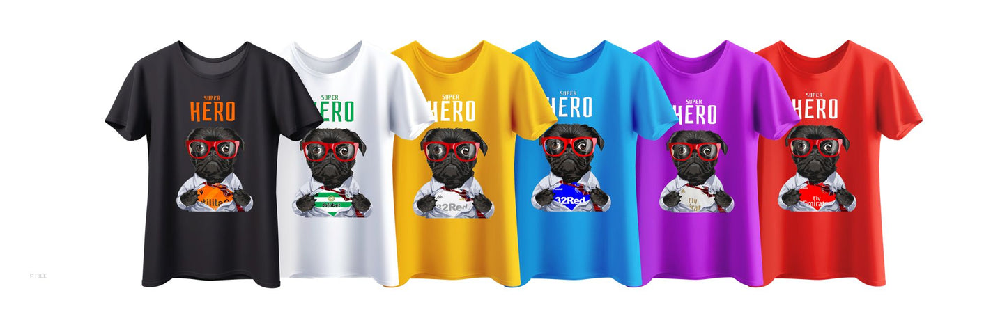 7 : Superhero Football Dog T-Shirt - Pick your own team kit for the Pug to wear